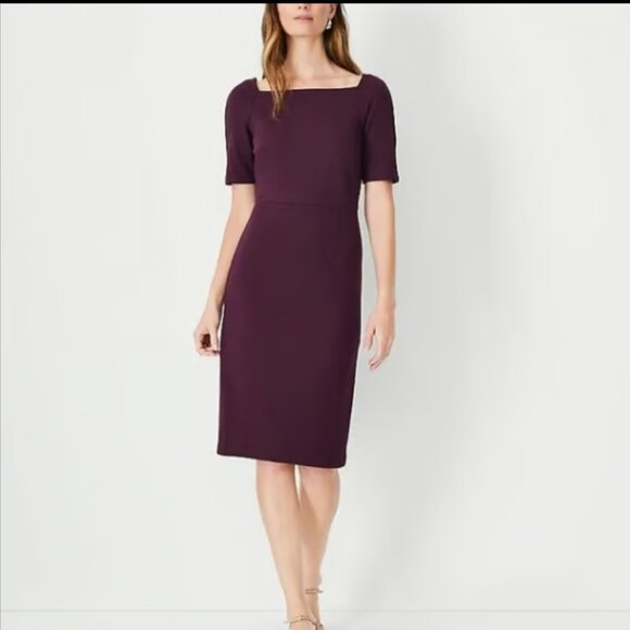 ANN TAYLOR BI STRETCH SQUARE NECK PLUM BURGUNDY SHEATH DRESS 10 $159 - Picture 1 of 10
